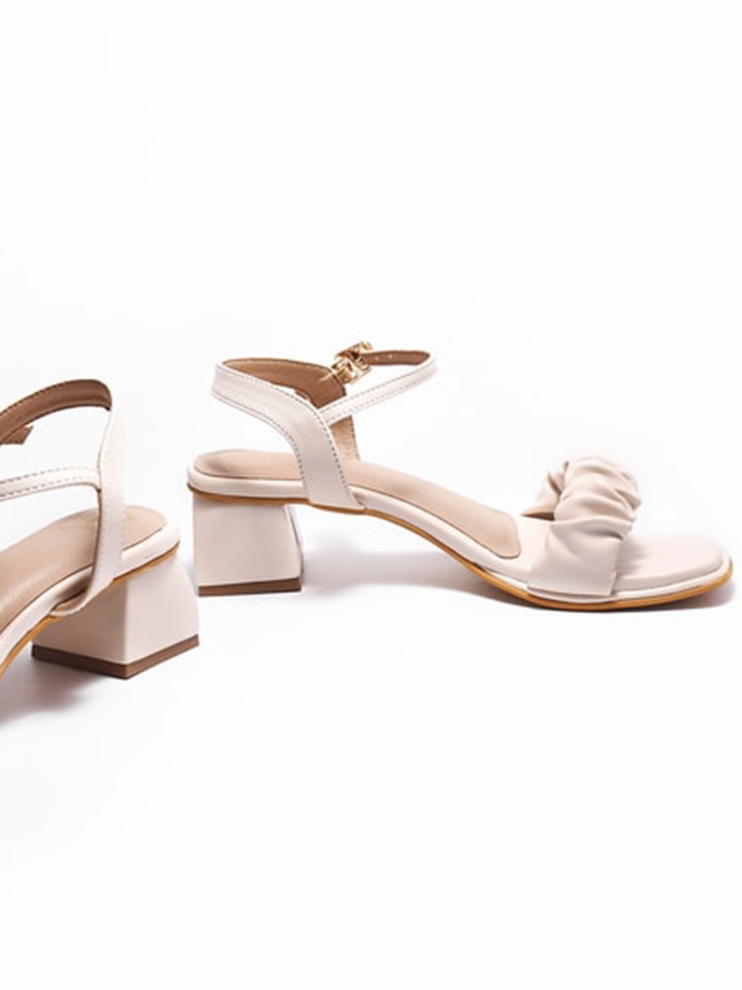 

THE WHITE POLE Ruched Open Toe Party Block Heels With Buckle Closure, Cream