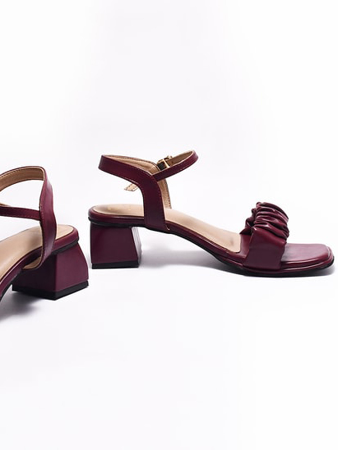 

THE WHITE POLE Ruched Open Toe Party Block Heels With Buckle Closure, Coffee brown