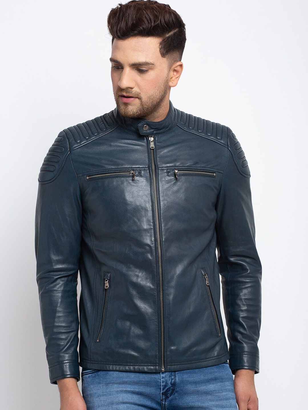 

Teakwood Leathers Men Blue Leather Leather Jacket