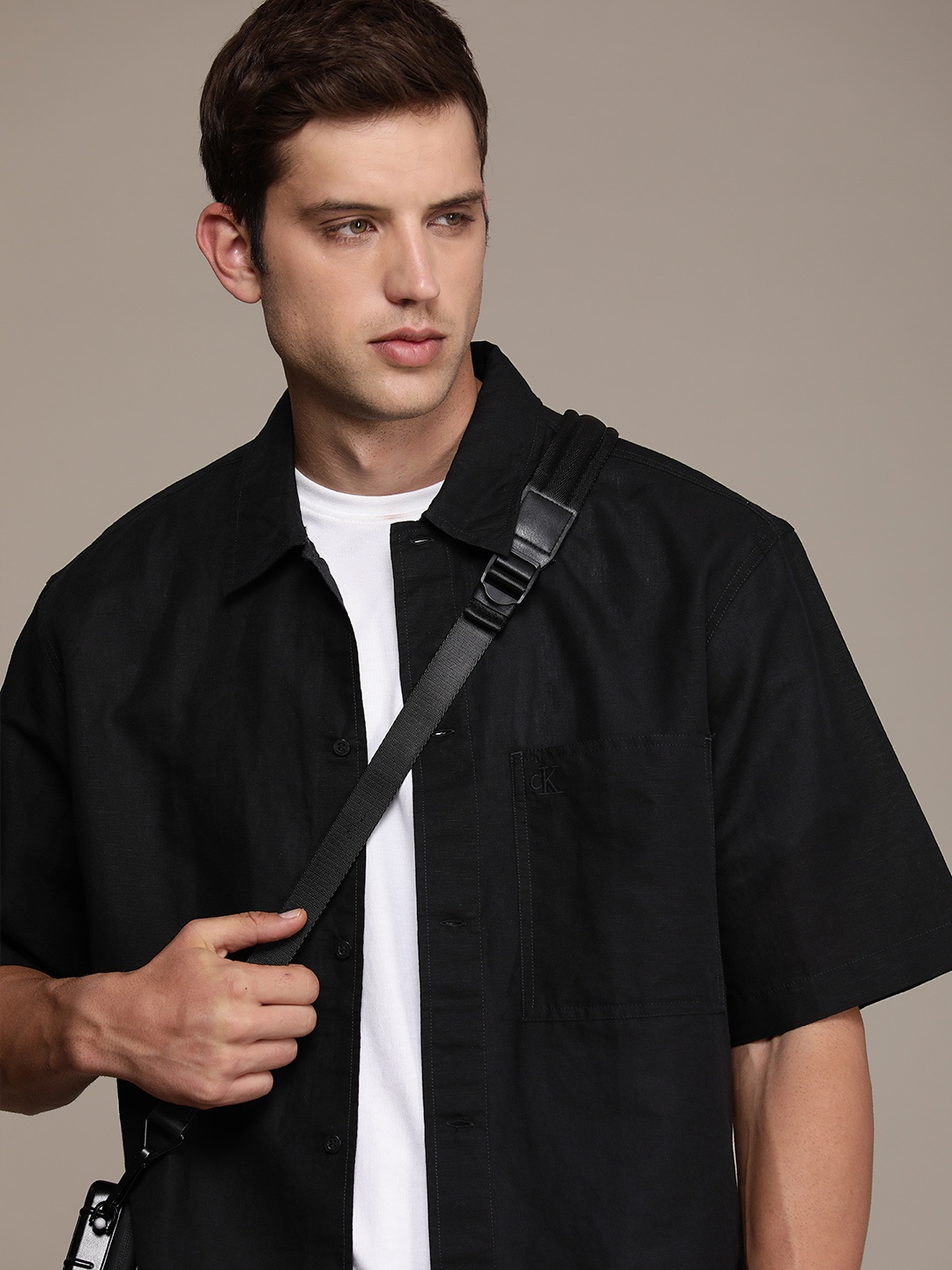 

Calvin Klein Jeans Linen Cotton Relaxed Fit Self Design Textured Shirt, Black
