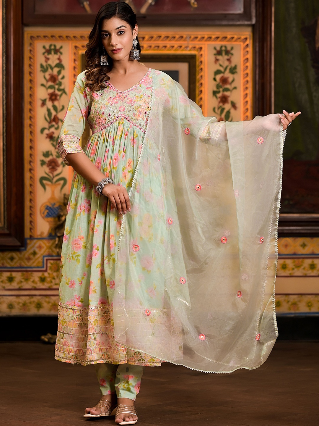 

Varanga Floral Printed Mirror Work Anarkali Kurta With Trouser & Dupatta, Sea green