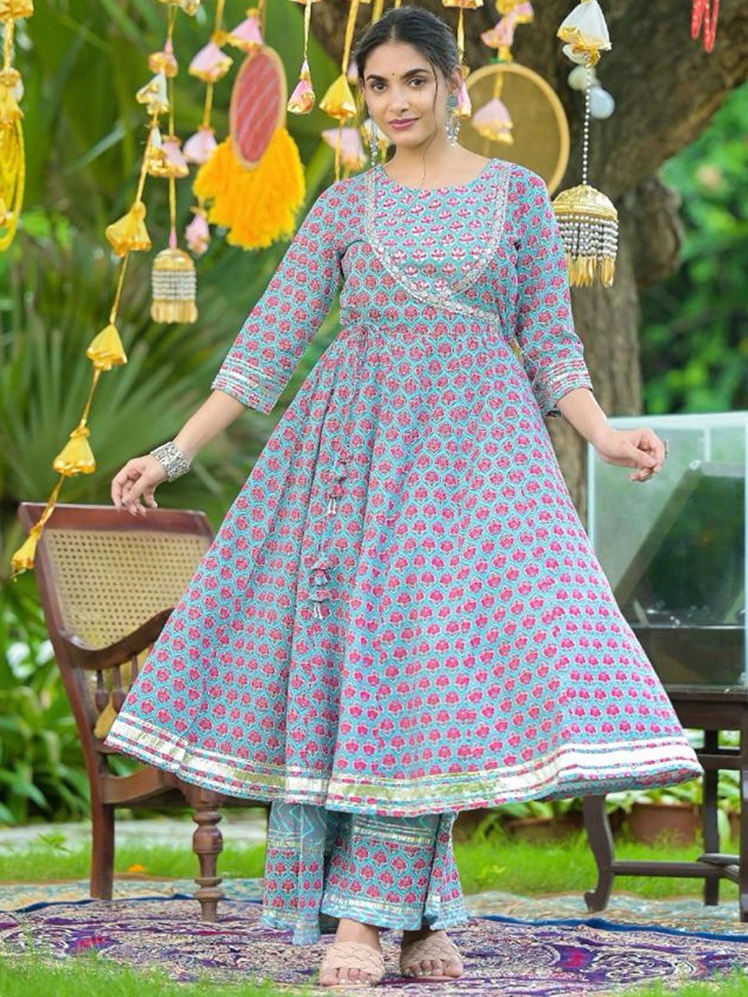 

Varanga Ethnic Motif Printed Gotta Patti Embroidered Anarkali Kurta With Palazzo & Dupatta, Blue