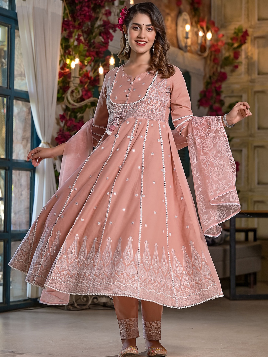 

Varanga Thread Embroidered Anarkali Kurta With Trousers & Dupatta, Peach