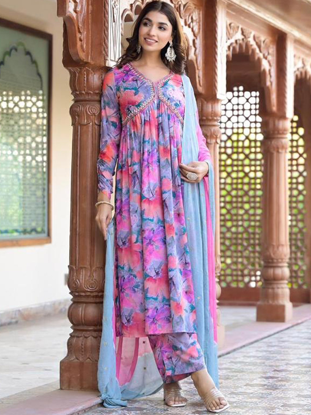 

Varanga Floral Printed Mirror Embroidered Alia-Cut Gather Detail A-Line Kurta With Dupatta, Purple