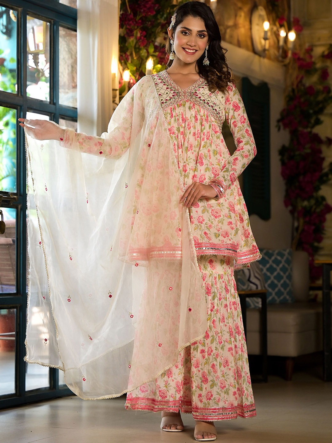 

Varanga Floral Print Mirror Embroidered Lace Detailed Alia Kurta With Sharara & Dupatta, Off white