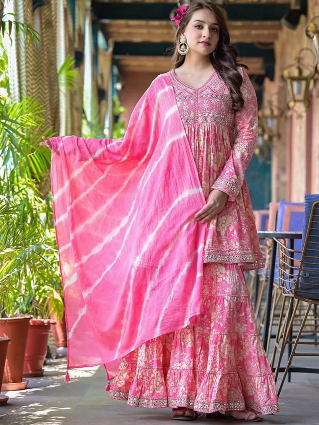 

Varanga Floral Printed Mirror Work Anarkali Kurta With Sharara & Dupatta, Pink