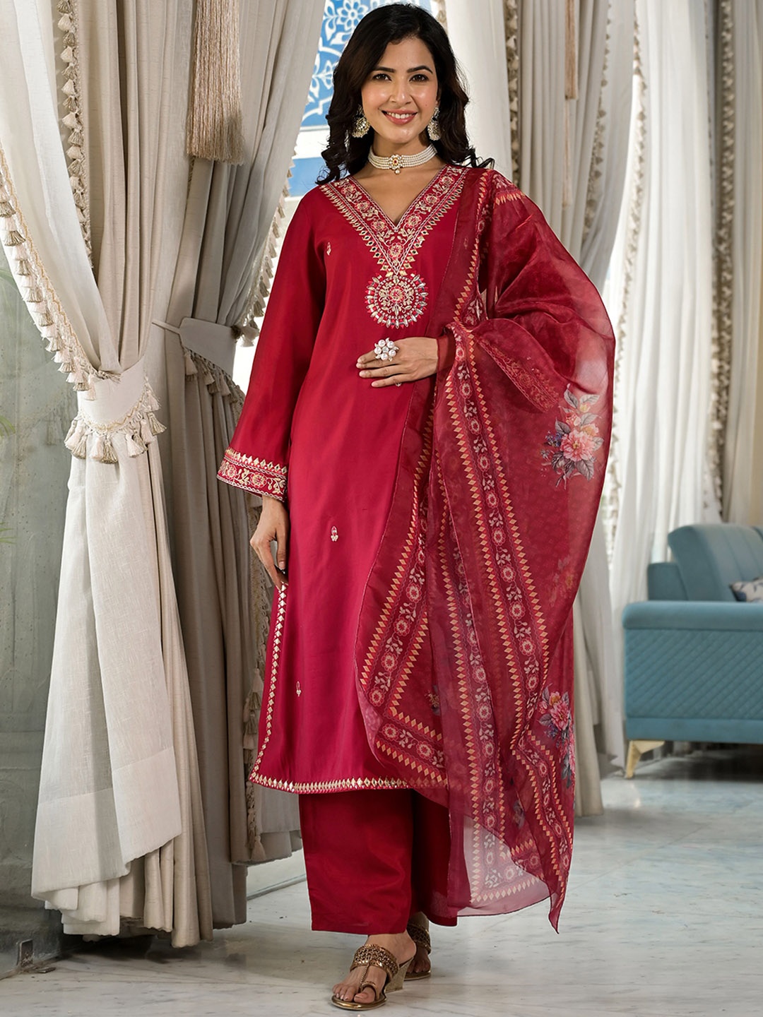 

Varanga Ethnic Motifs Zari Embroidered Mirror Work Straight Kurta With Trousers & Dupatta, Red