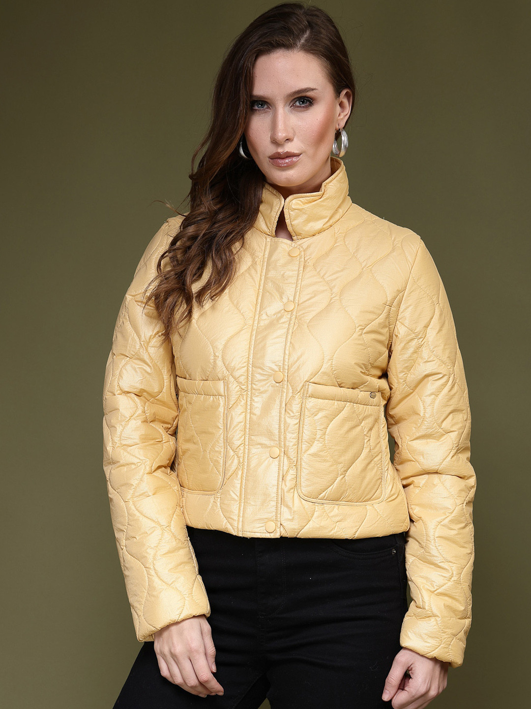 

Juelle Self Design Stand Collar Quilted Jacket, Yellow