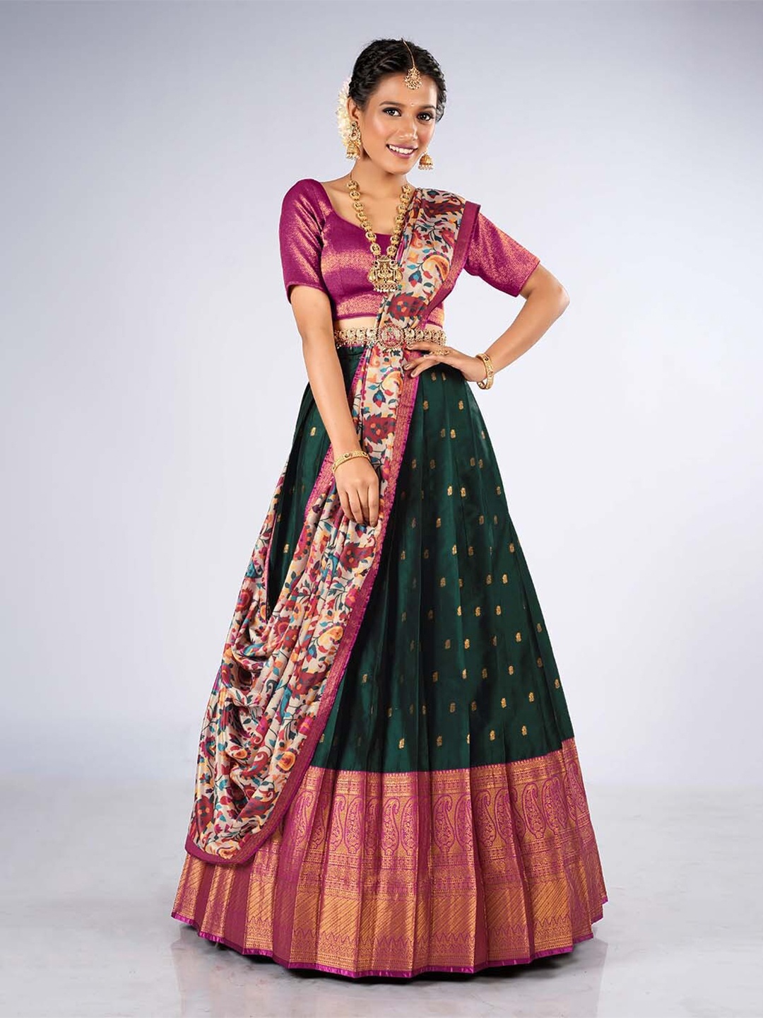 

HALFSAREE STUDIO Woven Design Semi-Stitched Lehenga & Unstitched Blouse With Dupatta, Green