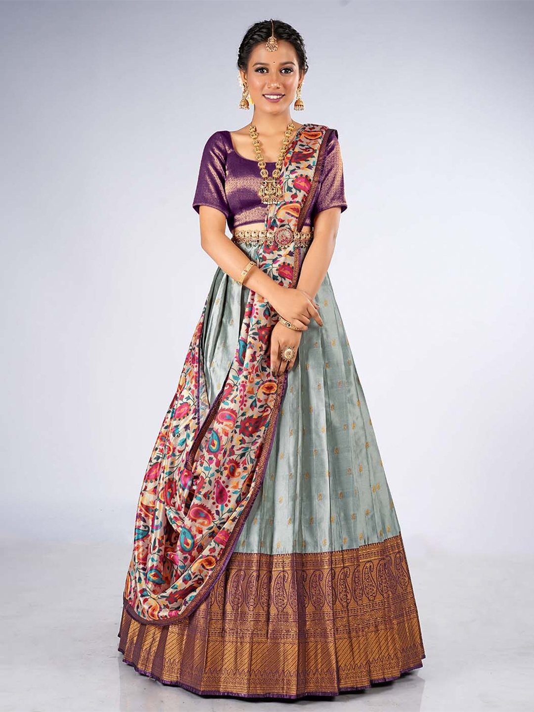 

HALFSAREE STUDIO Ethnic Motifs Art Silk Lehenga & Unstitched Blouse With Dupatta, Grey