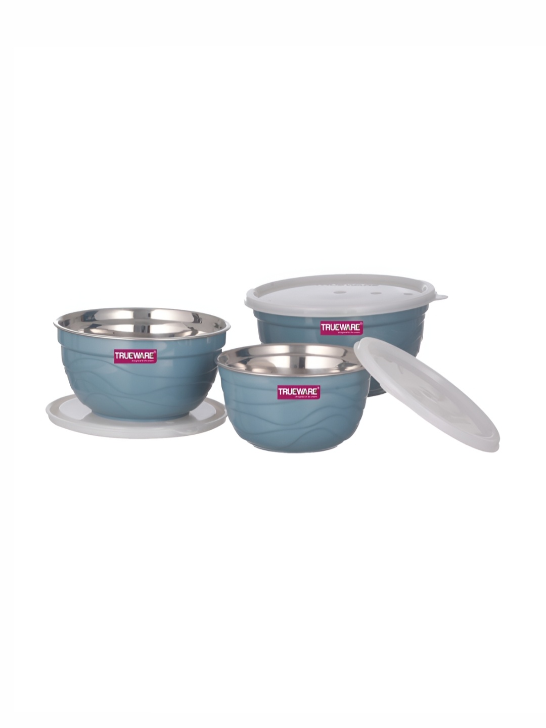 

Trueware Blue & White 3 Pieces Serving Bowls With Lid