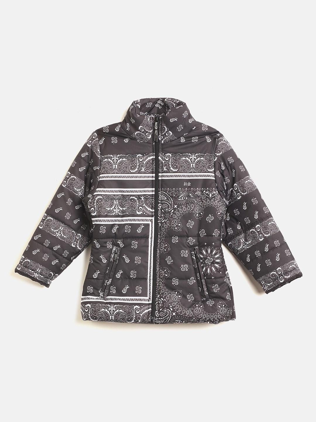 

Okane Girls Ethnic Motifs Printed Mock Collar Lightweight Padded Jacket, Grey
