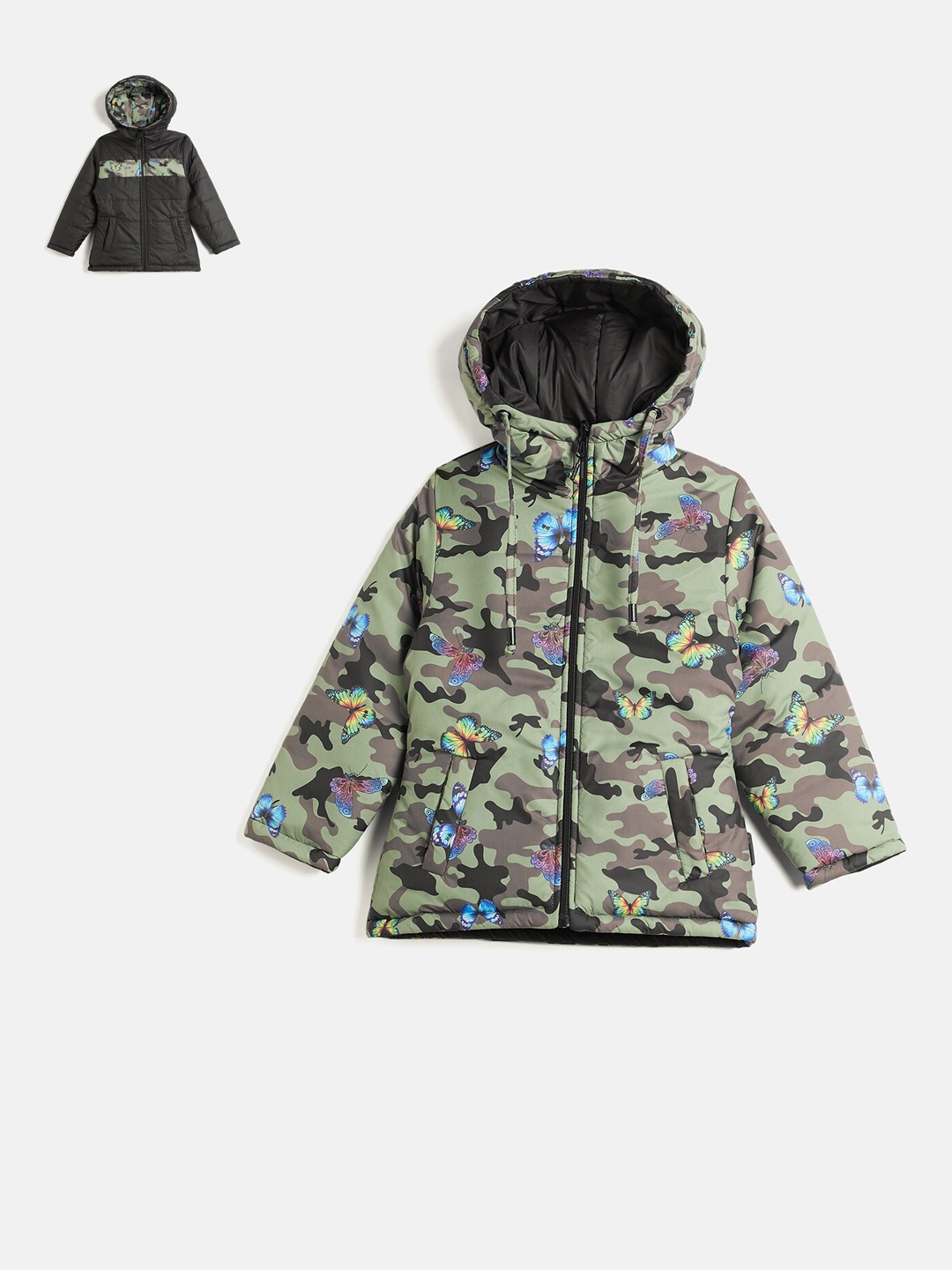

Okane Girls Camouflage Printed Hooded Reversible Padded Jacket, Olive