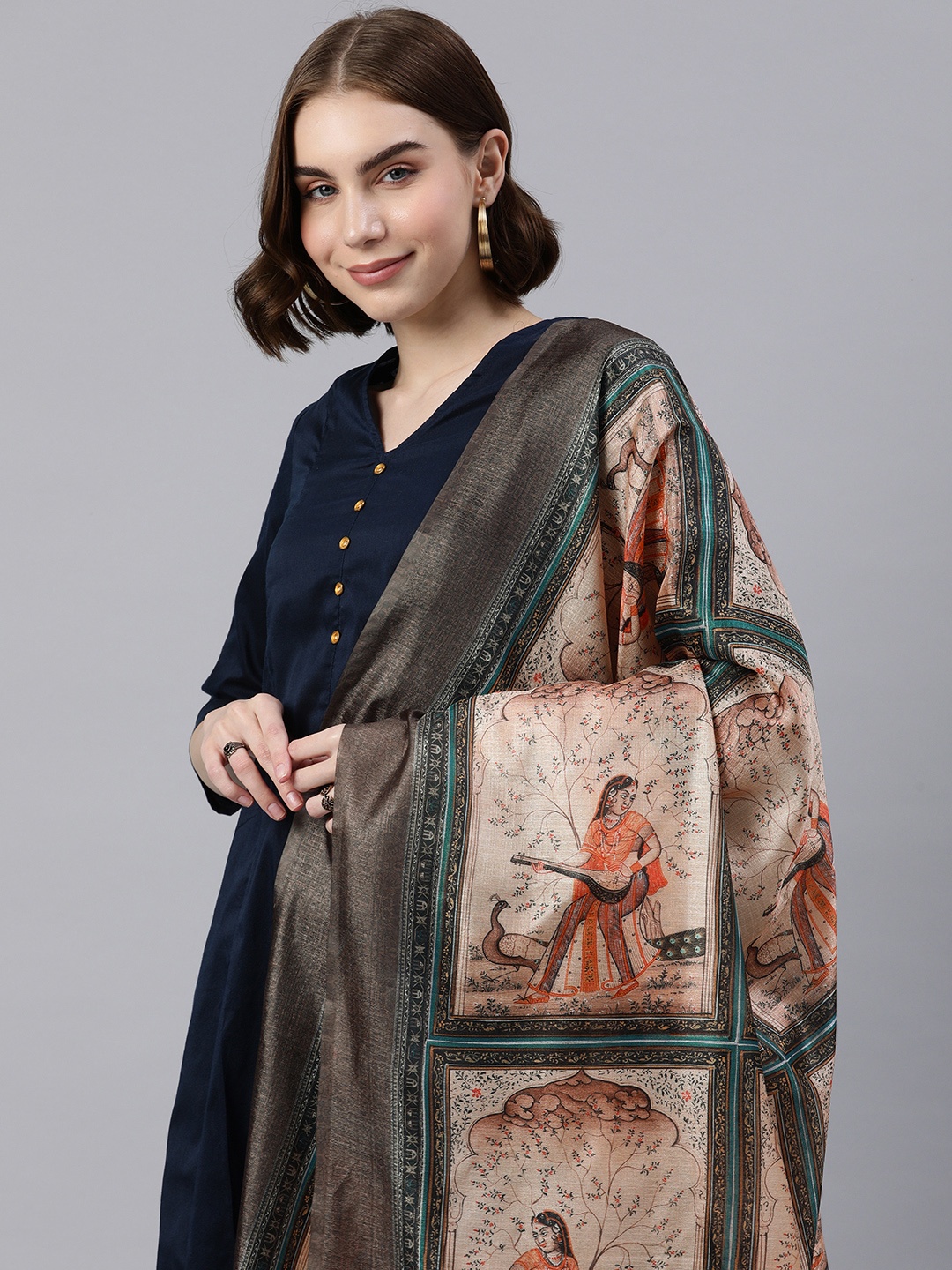 

Rani Saahiba Ethnic Motifs Printed Art Silk Dupatta, Beige