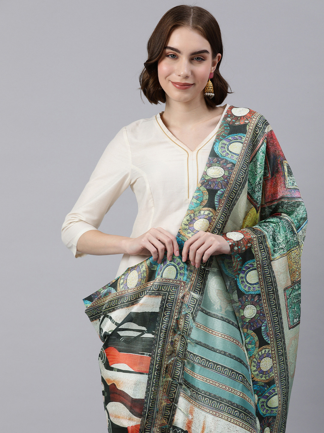 

Rani Saahiba Ethnic Motifs Printed Art Silk Dupatta, Sea green
