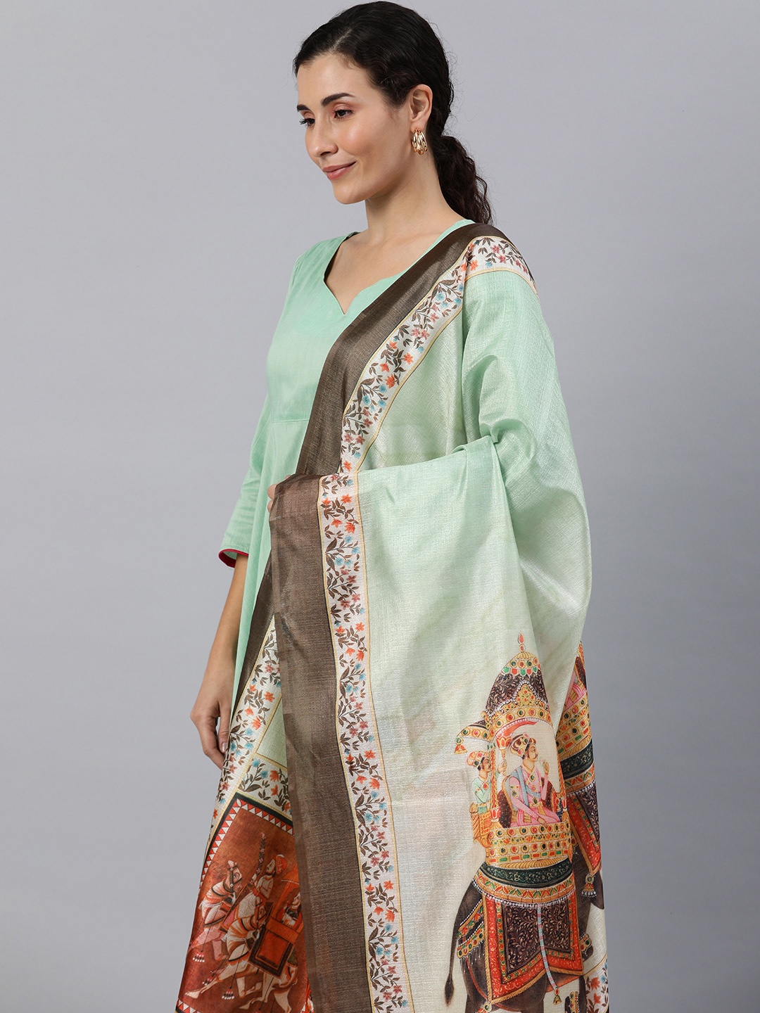 

Rani Saahiba Ethnic Motifs Printed Art Silk Dupatta, Sea green
