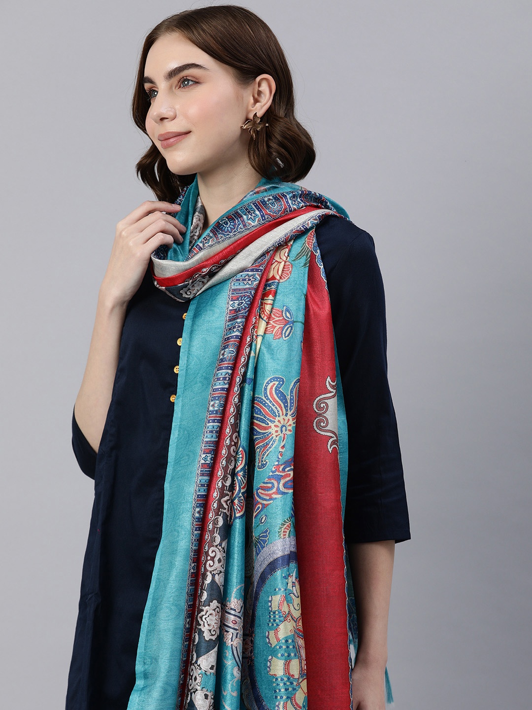 

Rani Saahiba Ethnic Motifs Printed Art Silk Dupatta, Turquoise blue