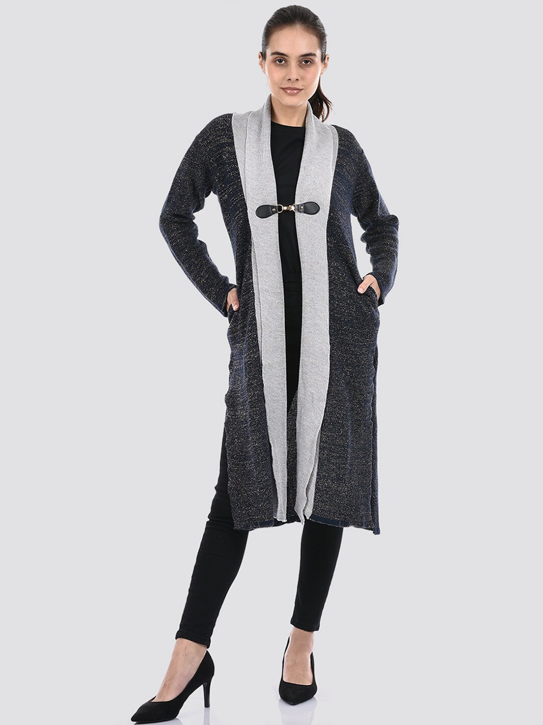 

American Eye Colourblocked Acrylic Longline Shrug, Navy blue