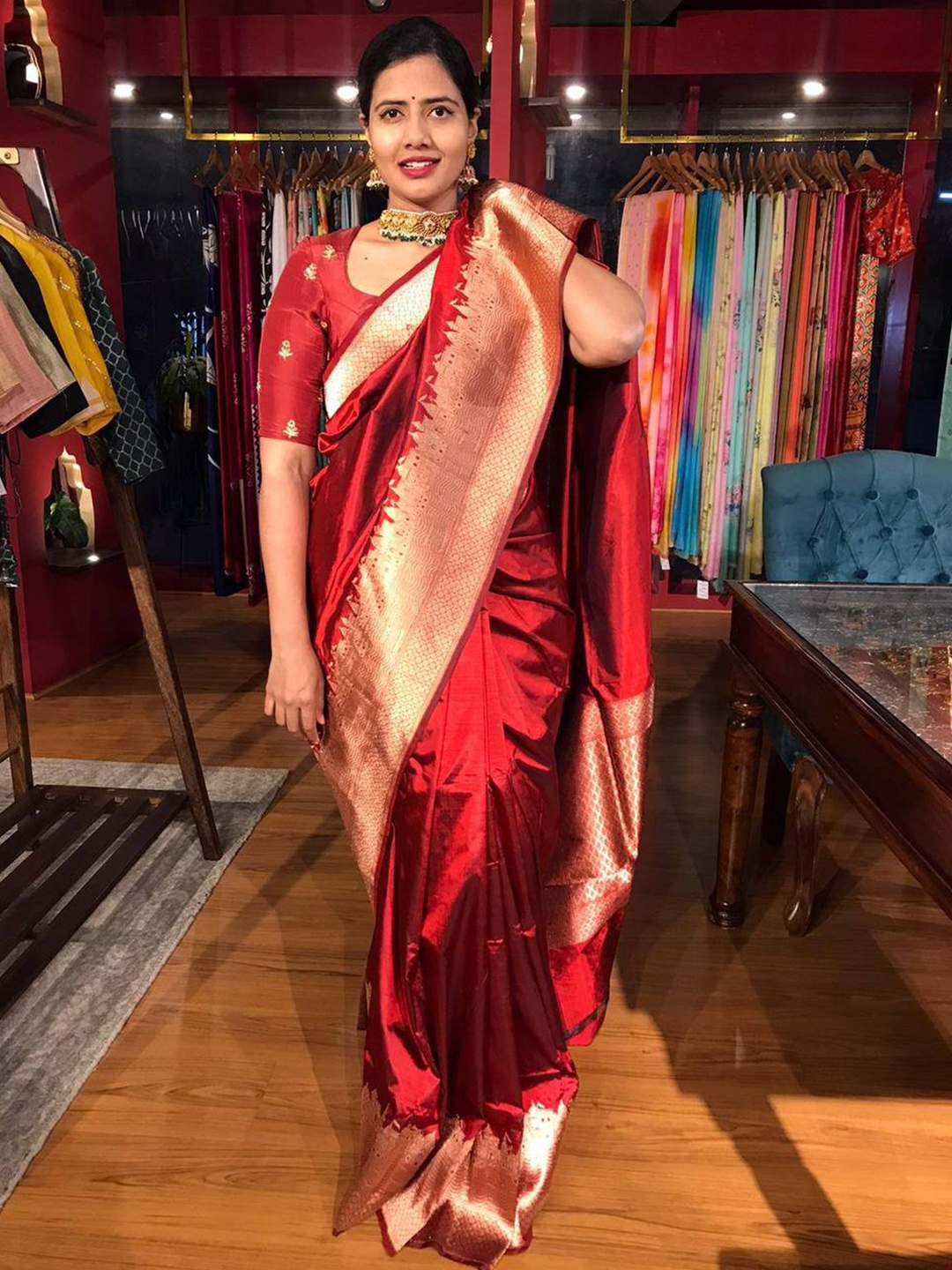 

ALMAARI FASHION Ethnic Motifs Woven Design Pure Silk Kanjeevaram Saree, Maroon