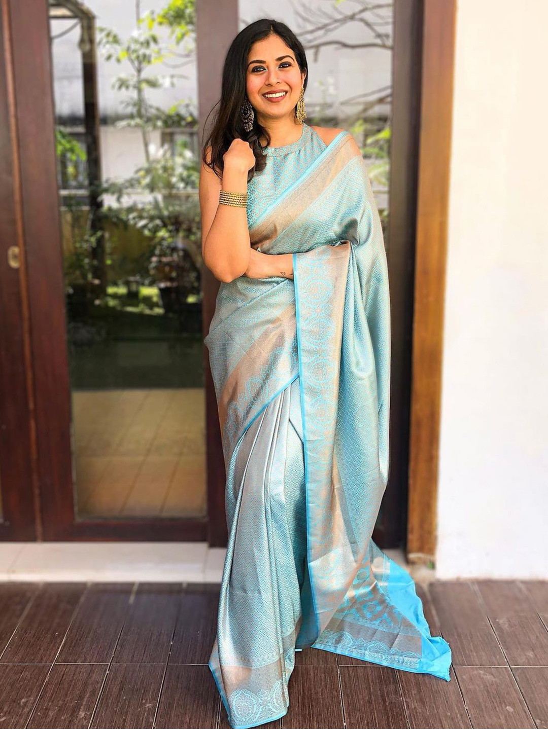 

ALMAARI FASHION Ethnic Motifs Woven Design Zari Pure Silk Kanjeevaram Saree, Blue