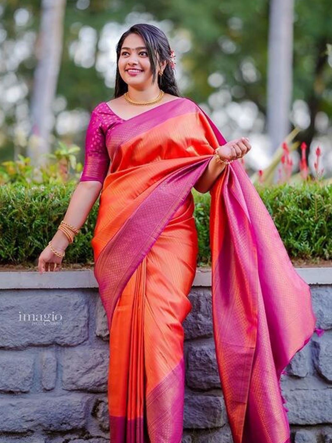

ALMAARI FASHION Woven Design Pure Silk Kanjeevaram Saree, Orange