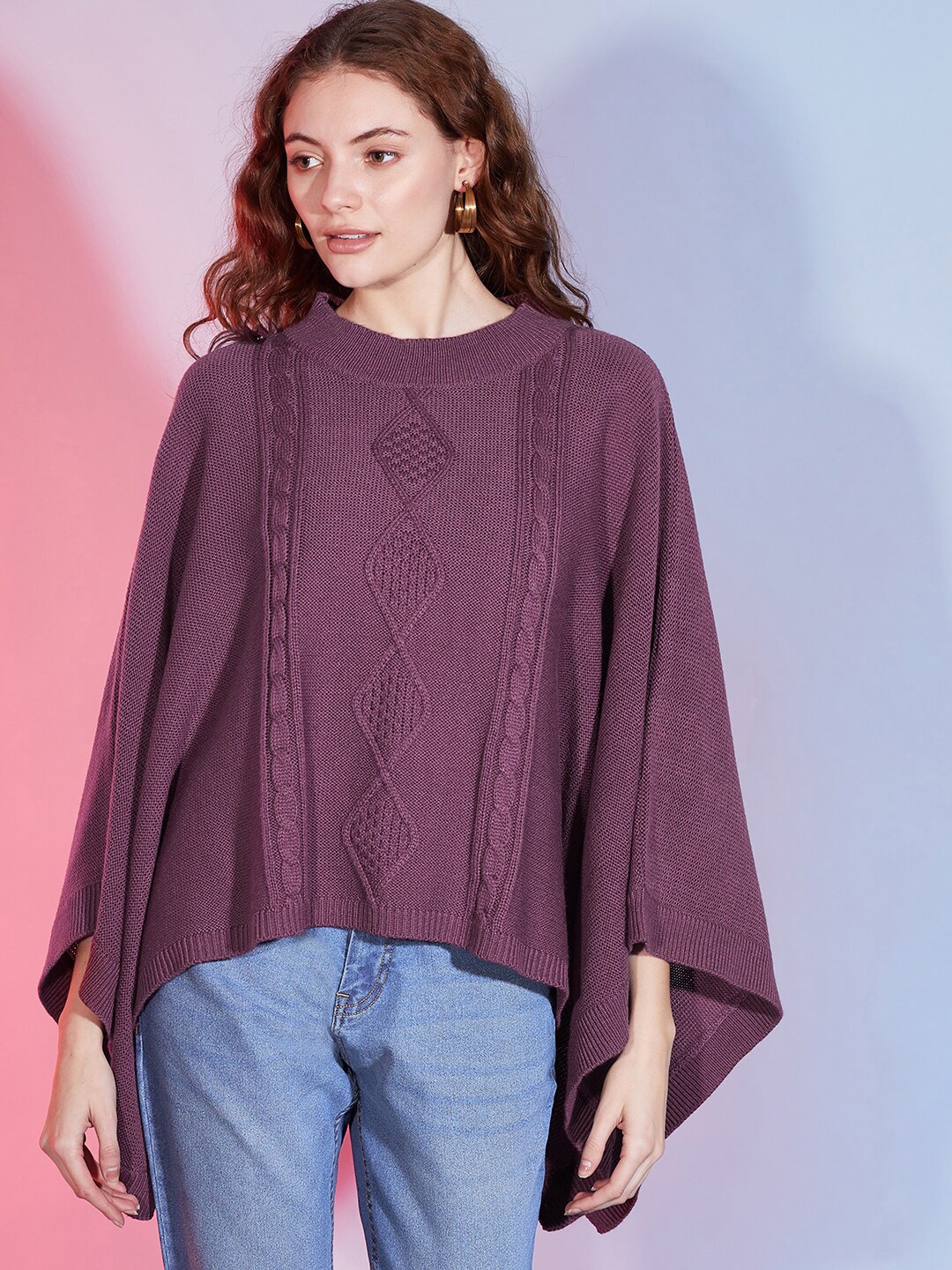 

DressBerry Mauve Cable Knit Round Neck Long Sleeves Acrylic Poncho