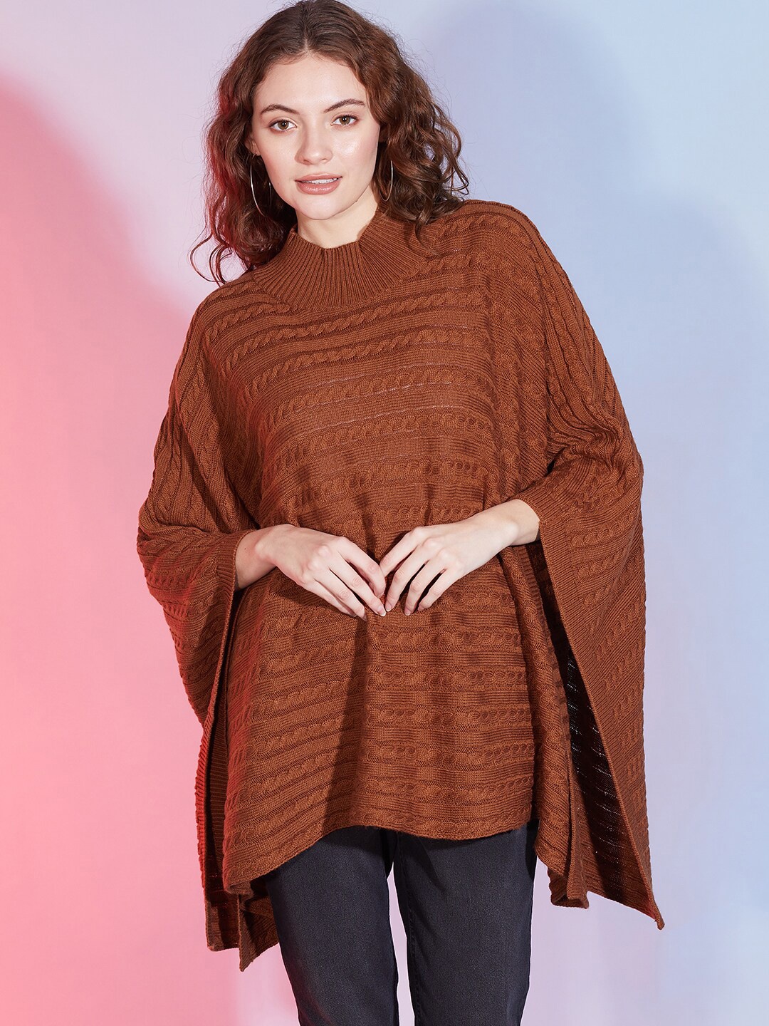 

DressBerry Brown Cable Knit Batwing Sleeves Poncho Sweater