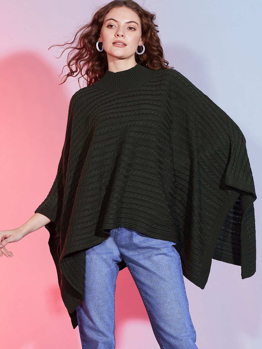 

DressBerry Olive Green Cable Knit Mock Collar Long Sleeves Acrylic Poncho