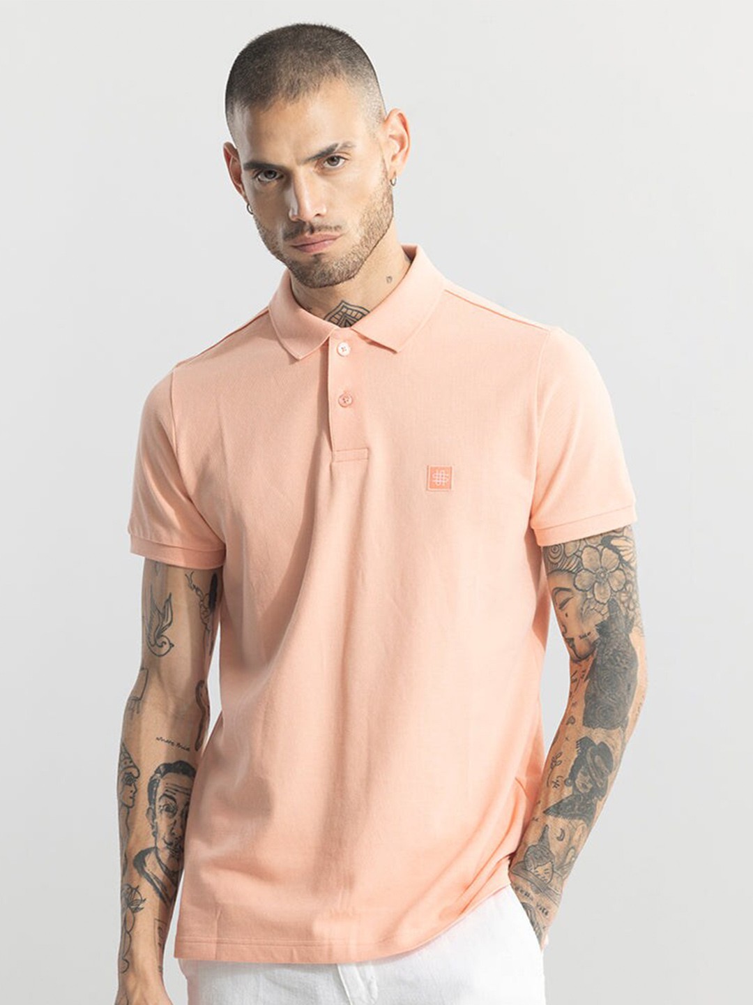 

Snitch Peach-Coloured Polo Collar Slim Fit T-shirt