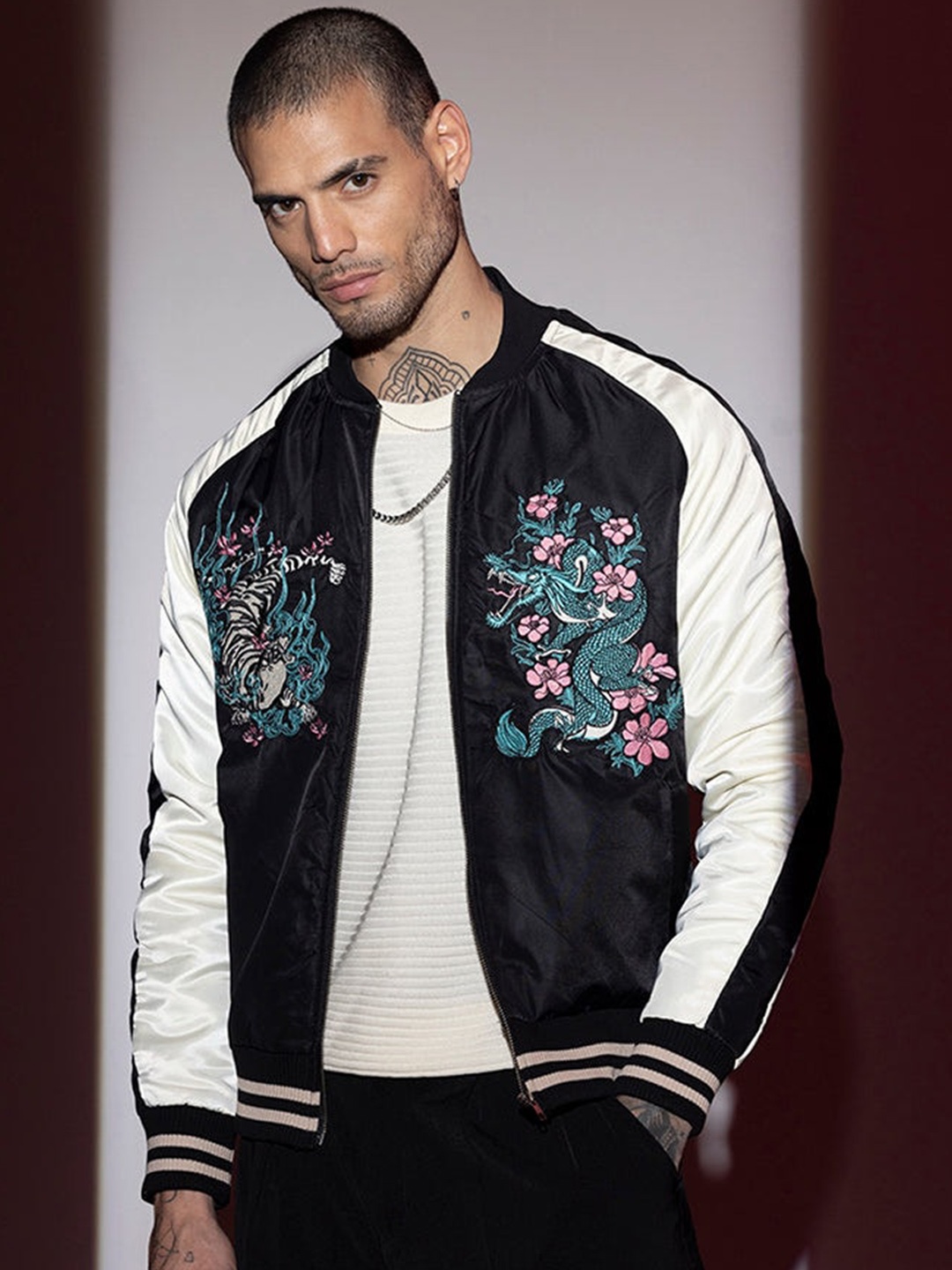 

Snitch Black Floral Embroidered Mock Collar Pure Cotton Bomber Jacket