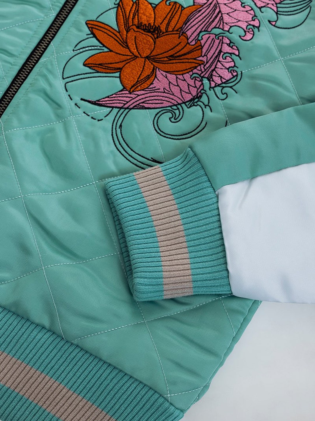 

Snitch Sea Green Floral Printed Mock Collar Pure Cotton Bomber Jacket