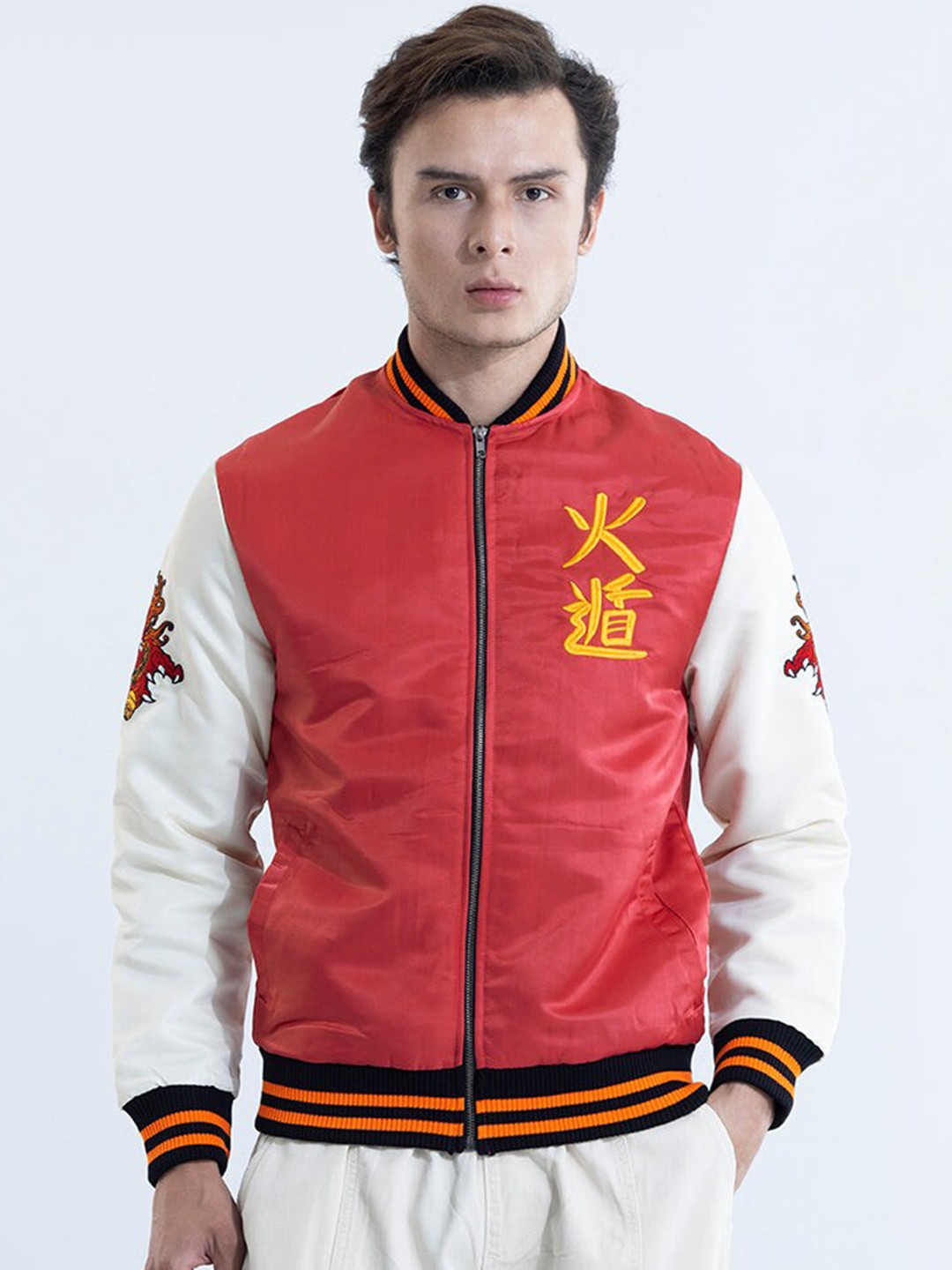

Snitch Red Conversational Embroidered Mock Collar Pure Cotton Bomber Jacket
