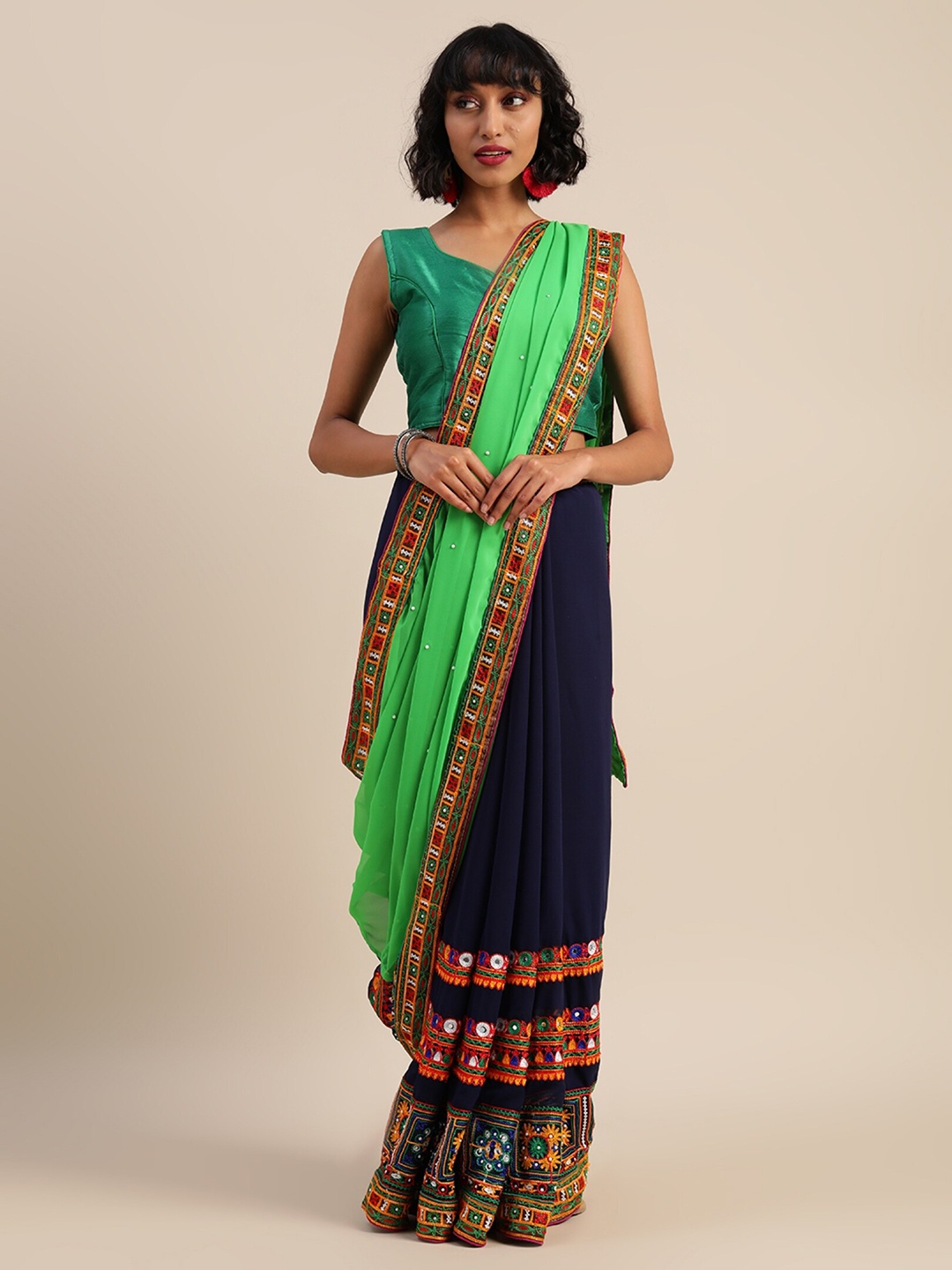 

KALINI Ethnic Embroidered Beads & Stones Georgette Saree, Green