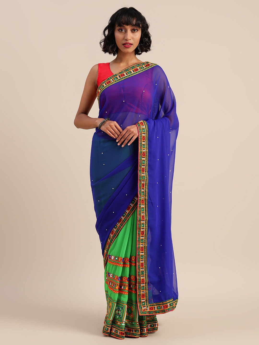 

KALINI Floral Embroidered Beads and Stones Half and Half Saree, Blue