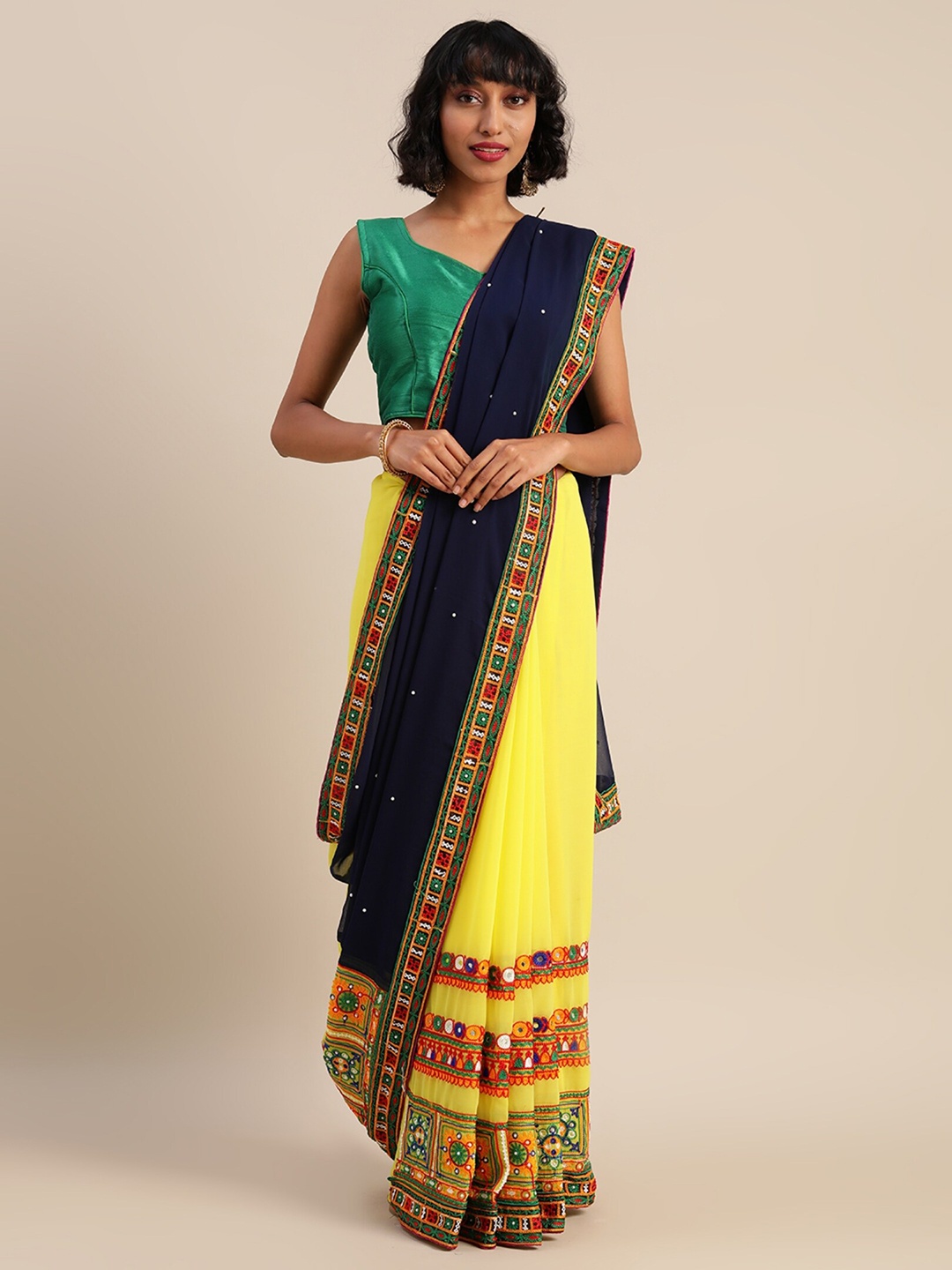 

KALINI Beads and Stones Half and Half Saree, Navy blue