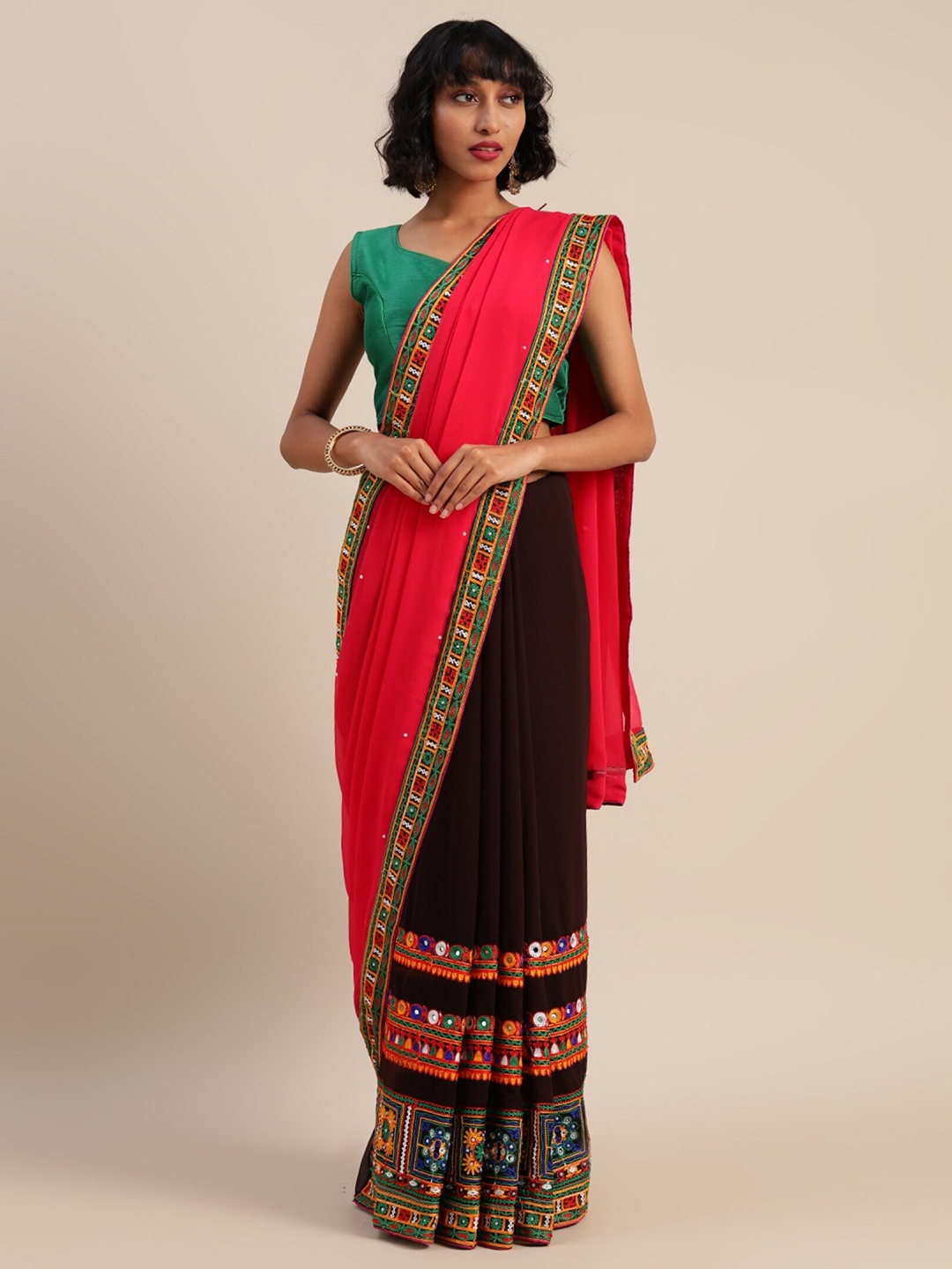 

KALINI Embellished Beads and Stones Half and Half Saree, Pink