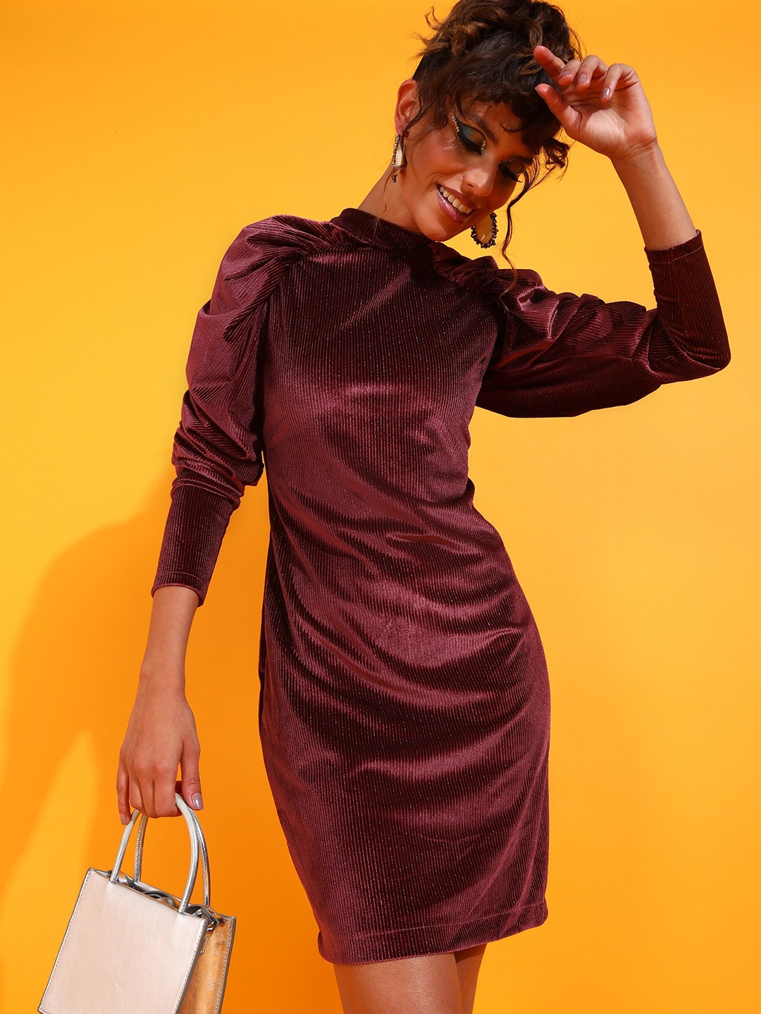 

SHECZZAR Maroon High Neck Puff Sleeve Velvet Sheath Dress
