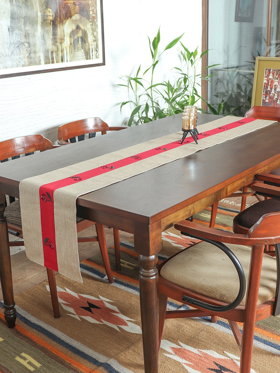 

ZEBA Beige & Red Embroidered Table Runners