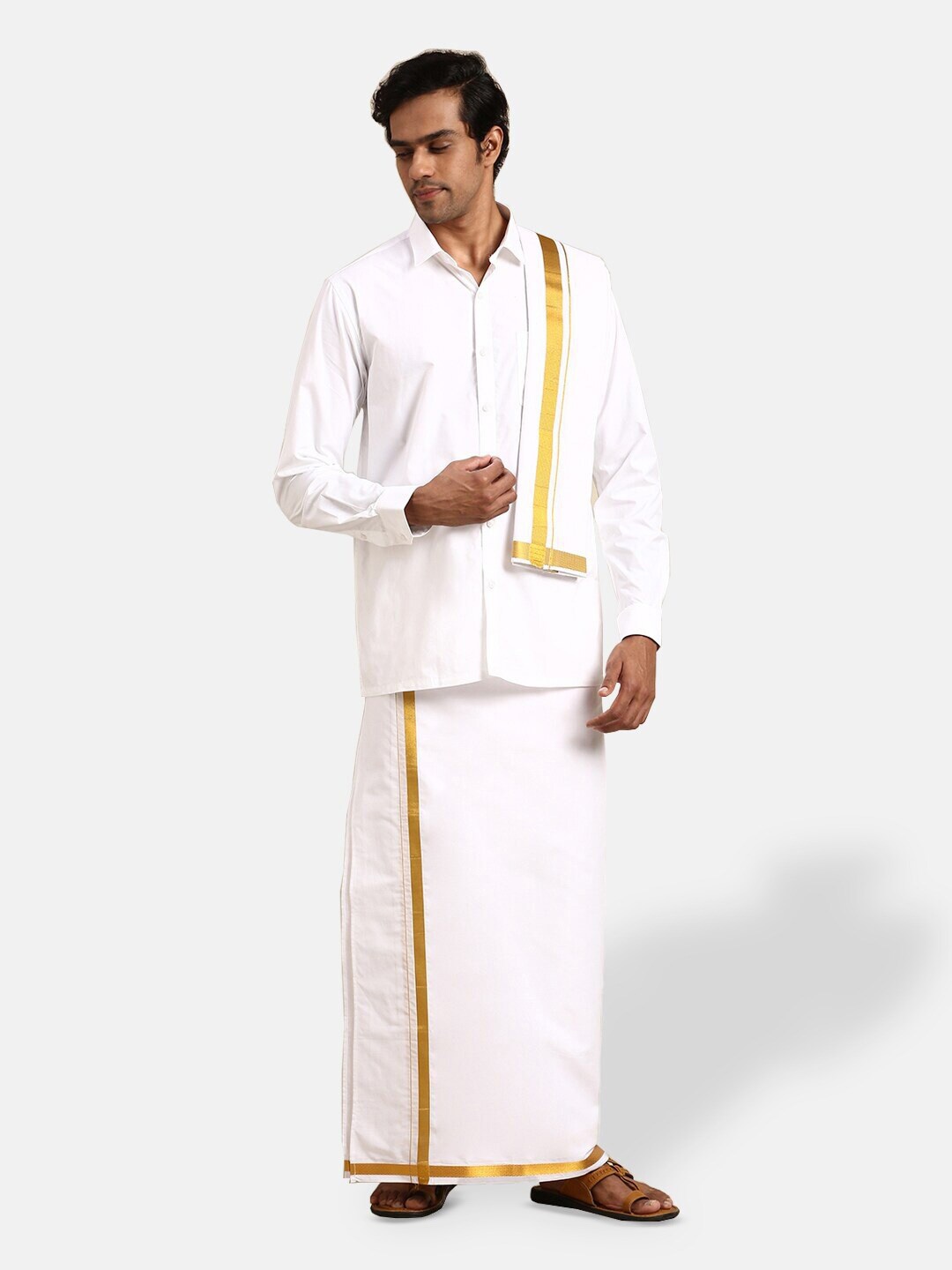 

Ramraj Long Sleeves Pure Cotton Shirt With Veshti & Angavastram, White