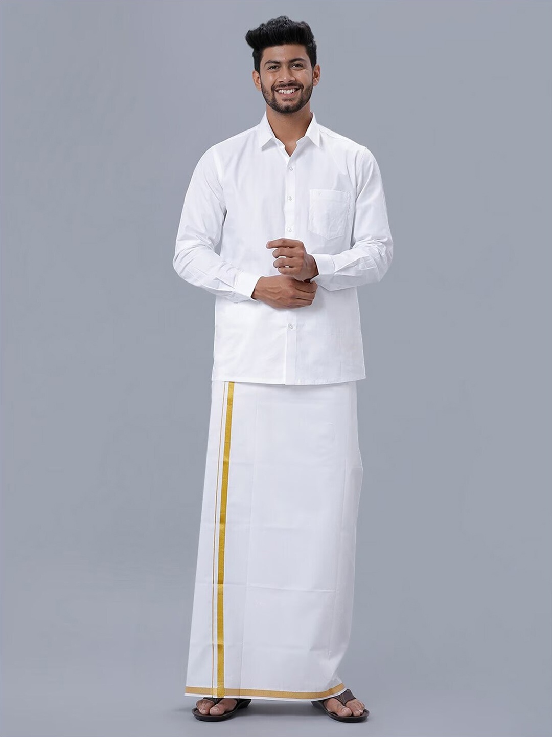 

Ramraj Shirt Collar Long Sleeves Shirt With Veshti, White