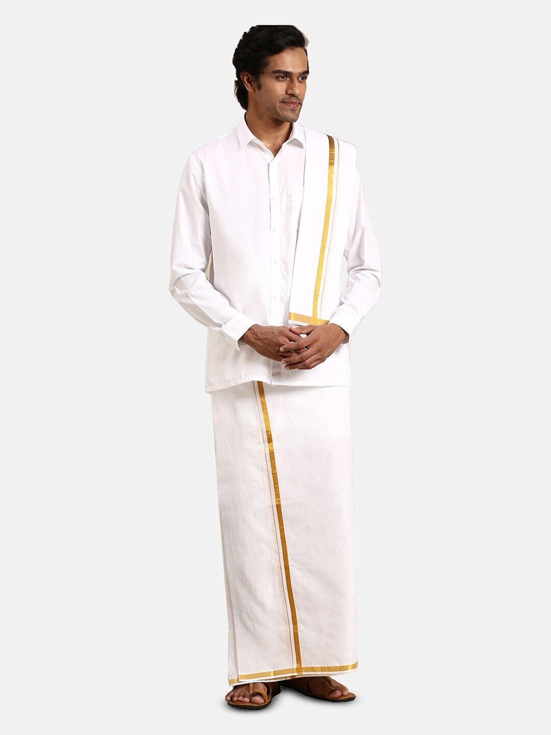 

Ramraj Men Shirt And Gold Jari Single Dhoti With Towel & Belt, White