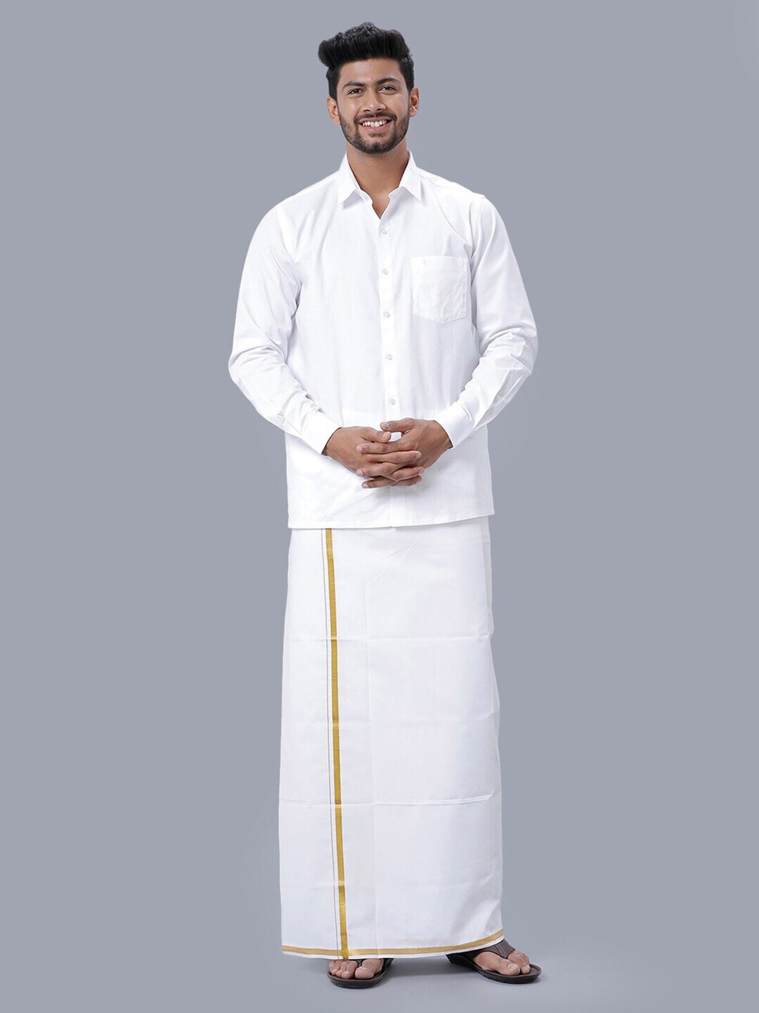

Ramraj Spread Collar Pure Cotton Long Sleeves Shirt with Veshti, White