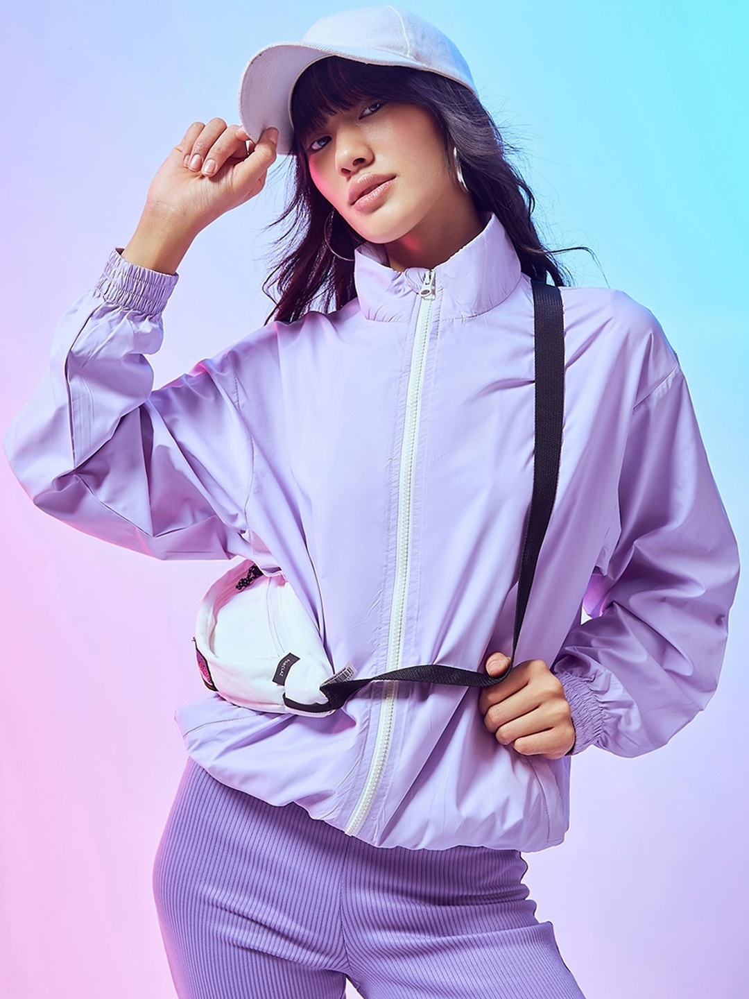 

Bewakoof Long Sleeves Stand Collar Oversized Bomber Jacket, Lavender