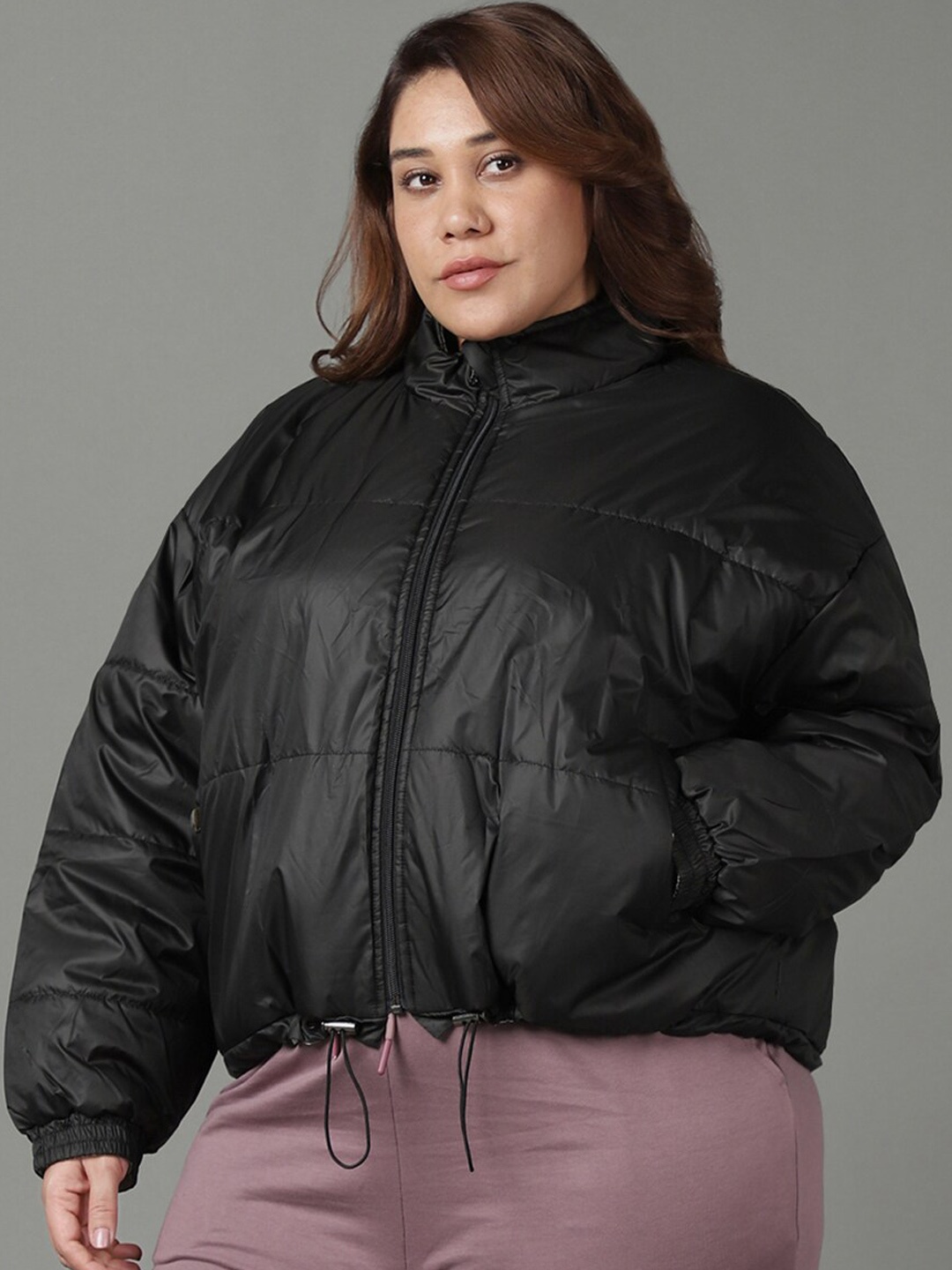 

Bewakoof Plus Size Stand Collar Oversized Puffer Jacket, Black