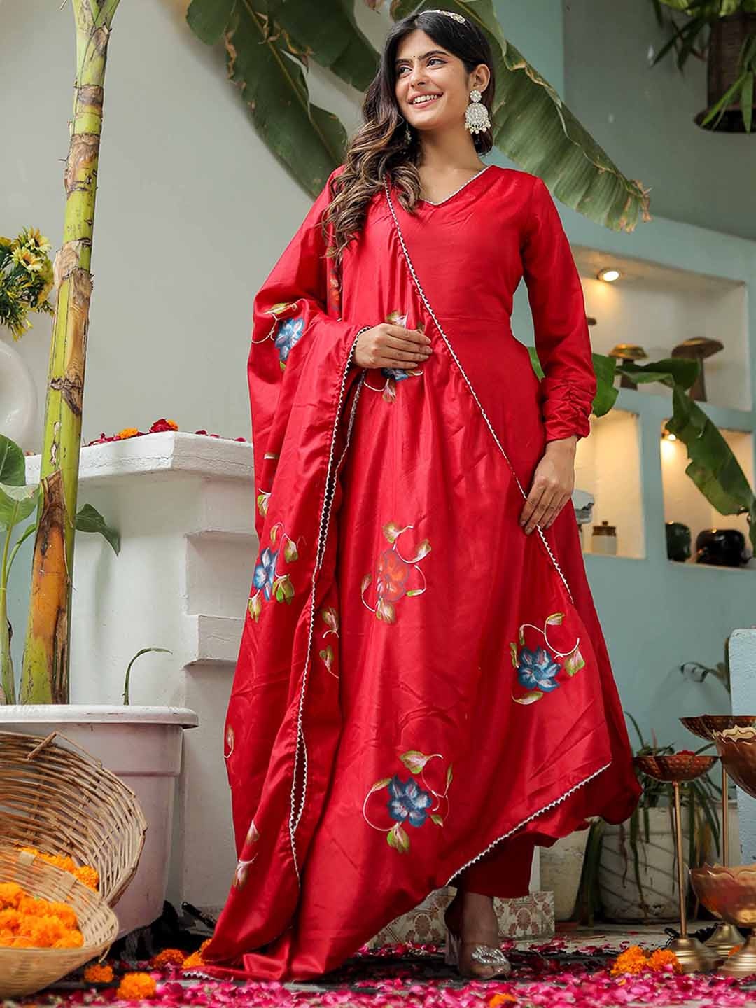 

KIDPORIUM V-Neck Regular Satin Kurta With Trousers & Dupatta, Red