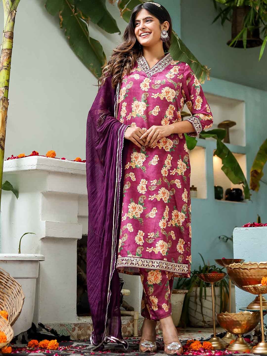 

KIDPORIUM Floral Printed Straight Kurta & Trousers With Dupatta, Purple