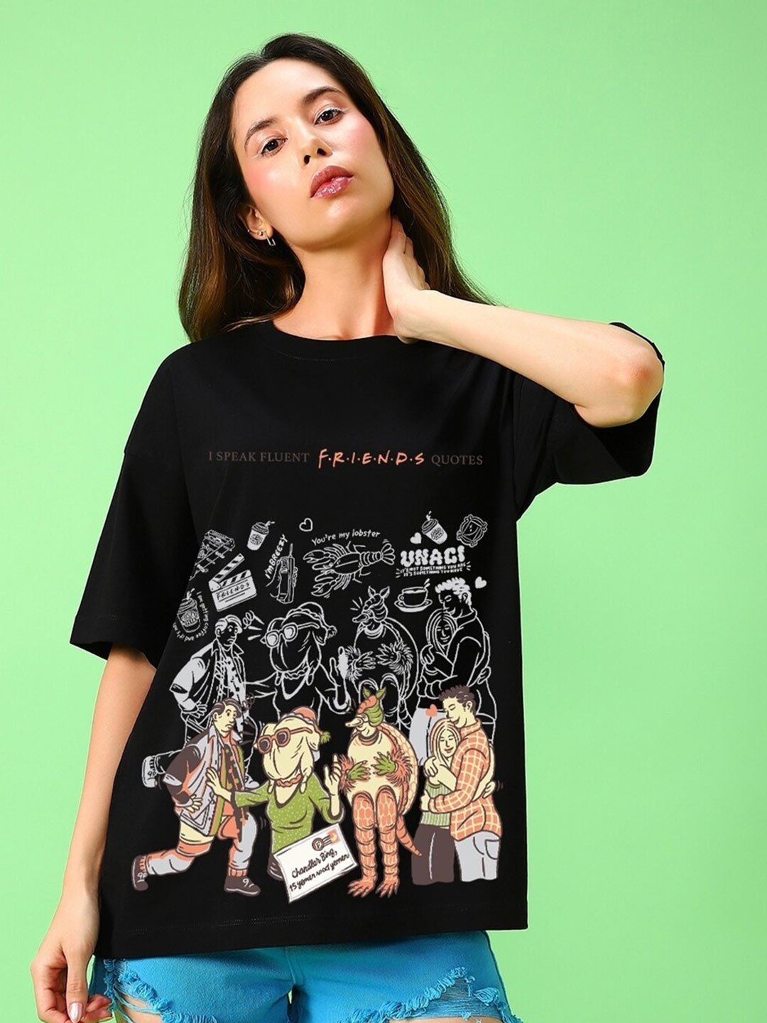 

Bewakoof Black Friends Graphic Printed Drop-Shoulder Sleeves Oversized Pure Cotton T-shirt
