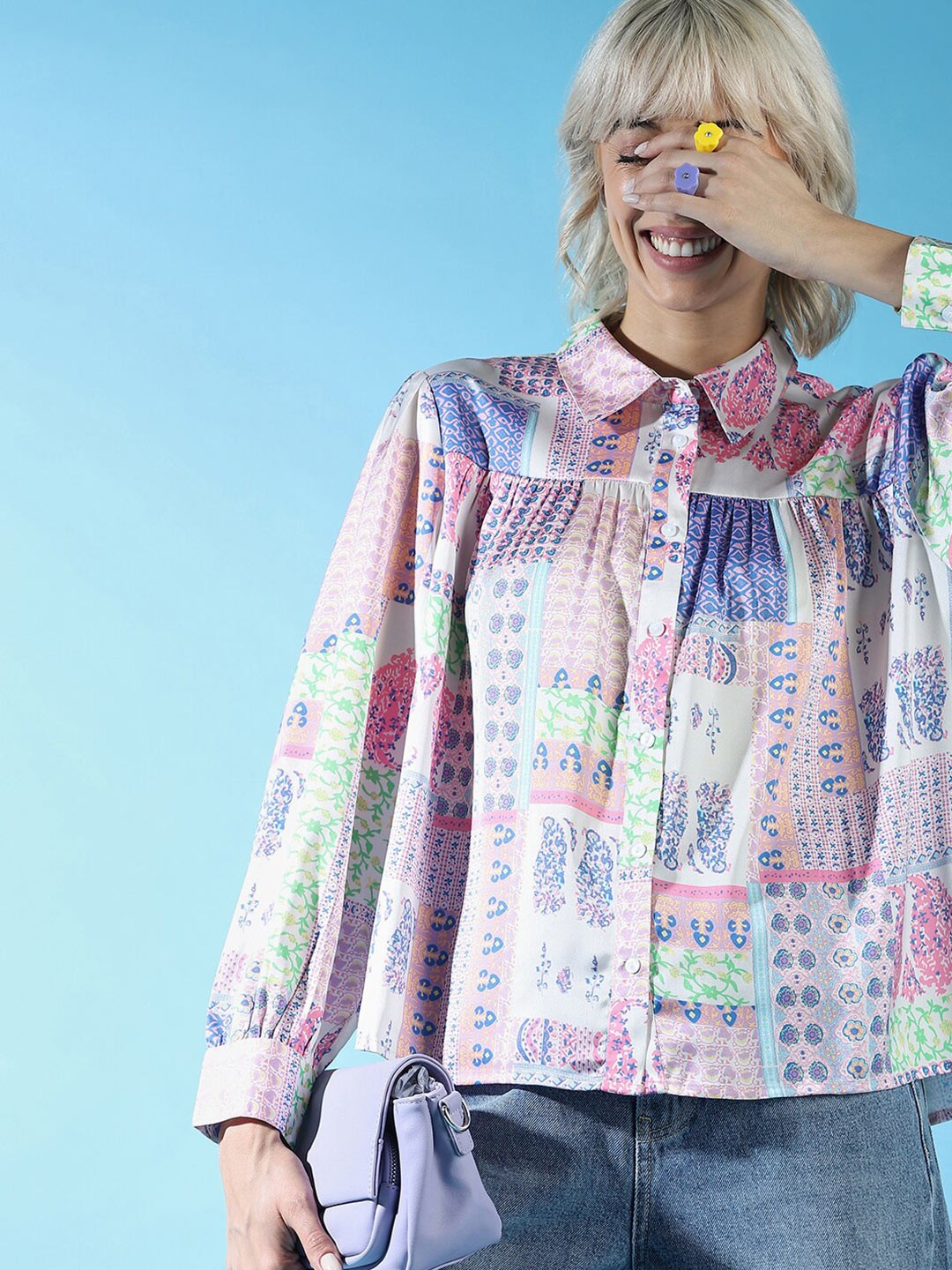 

ONLY Ethnic Motifs Printed Gathered Casual Shirt, Pink
