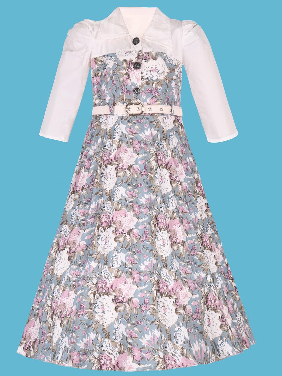 

Wish Karo Girls Floral Printed Shirt Collar Silk A-Line Dress, White