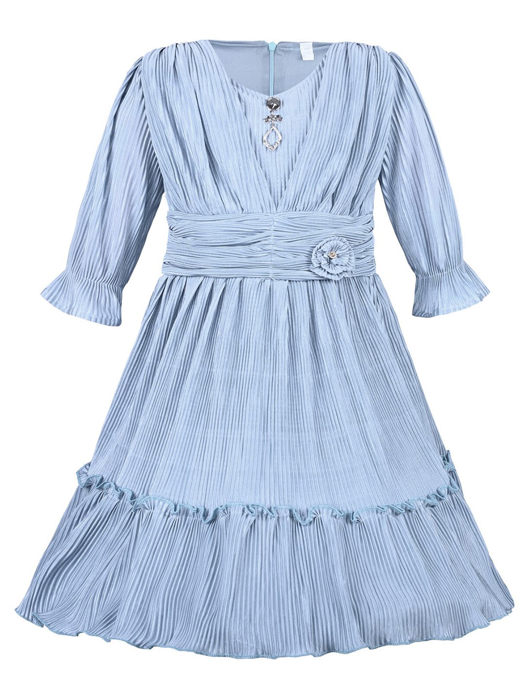 

Wish Karo Girls Self Design Bell Sleeves Silk Fit & Flare Dress, Grey